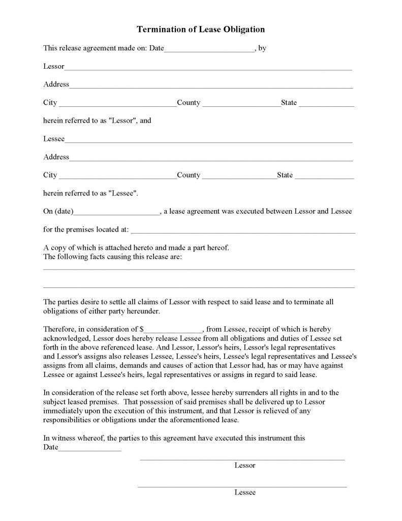 Lease Release Form (Termination of Lease Obligation)
