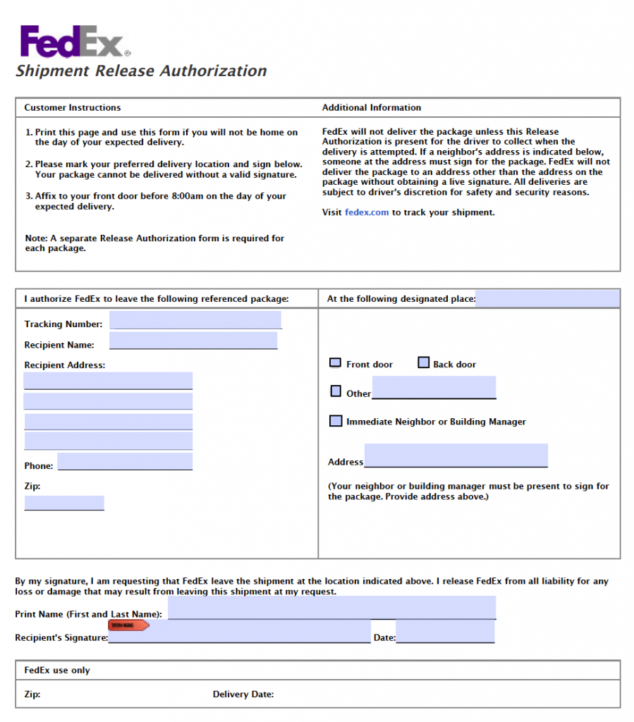 FedEx Release Signature Form Leave Packages At Door Without Signature 