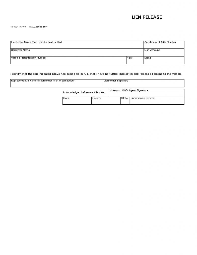 Car Vehicle Lien Release Form Release Forms Release Forms