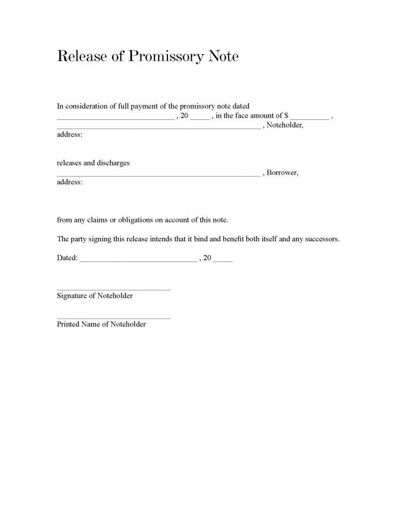 Promissory Note Release Form - Release Forms : Release Forms Within Auto Promissory Note Template