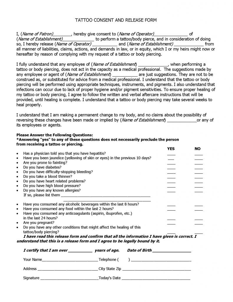 Tattoo Consent and Release Form
