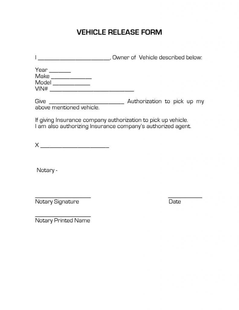 Vehicle Release Form Release Forms Release Forms