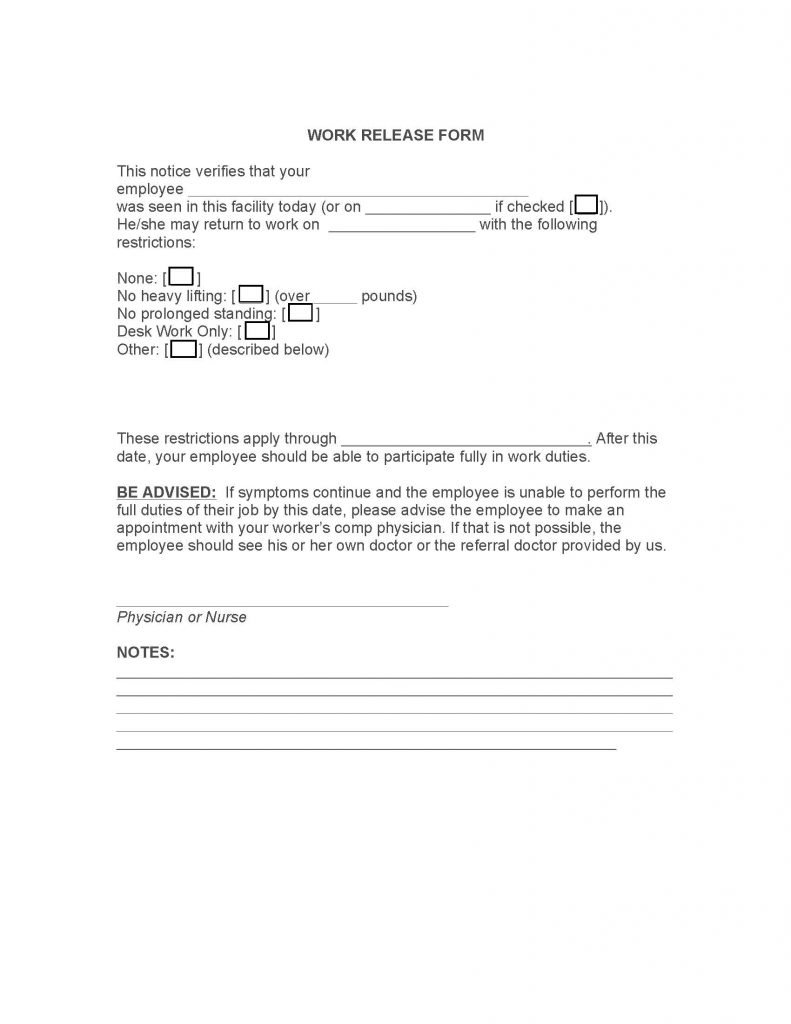 Work Release Form - Release Forms : Release Forms Intended For Return To Work Note Template